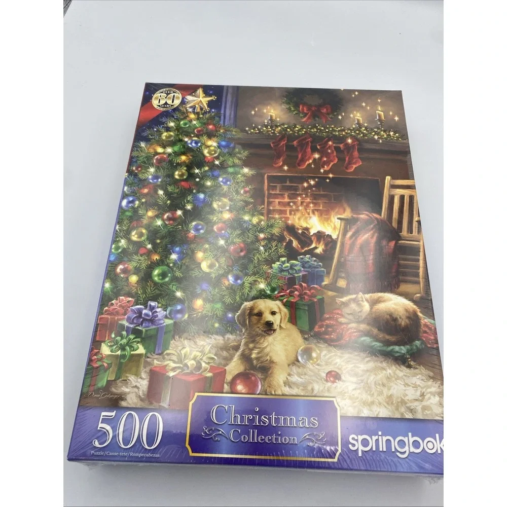 Springbok Puzzle 500 Christmas Morning Golden Retriever Puppy Cat Fireplace NEW!